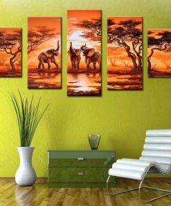 African Elephant Modern Landscape Framed. 5 Piece Canvas. Five Panel. Canvas Art. Wall Art. Home Decor. For Her. For Him. Gift.