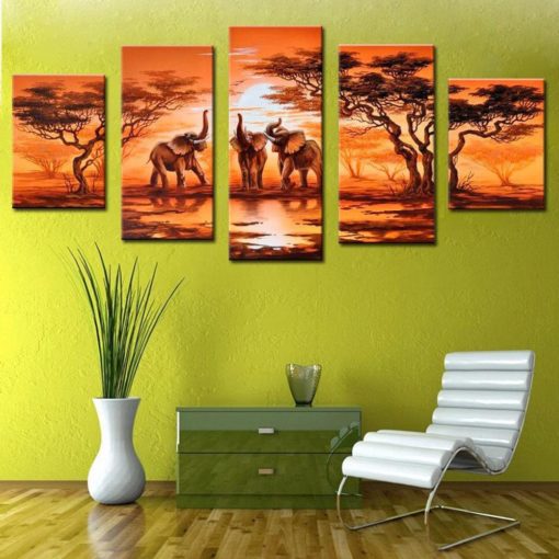 African Elephant Modern Landscape Framed. 5 Piece Canvas. Five Panel. Canvas Art. Wall Art. Home Decor. For Her. For Him. Gift.