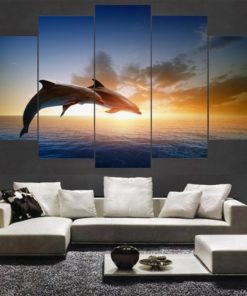 Dolphin Ocean Sunset Framed. 5 Piece Canvas. Five Panel. Canvas Art. Wall Art. Home Decor. For Her. For Him. Gift.