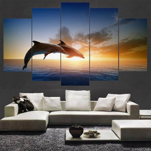 Dolphin Ocean Sunset Framed. 5 Piece Canvas. Five Panel. Canvas Art. Wall Art. Home Decor. For Her. For Him. Gift.