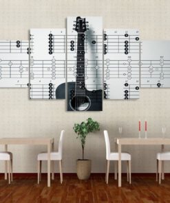 Black and White Guitar Music Notes Framed. 5 Piece Canvas. Five Panel. Canvas Art. Wall Art. Home Decor. For Her. For Him. Gift.