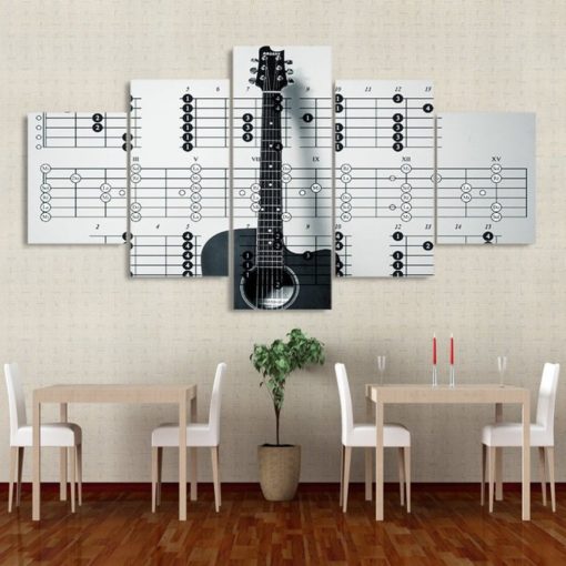 Black and White Guitar Music Notes Framed. 5 Piece Canvas. Five Panel. Canvas Art. Wall Art. Home Decor. For Her. For Him. Gift.
