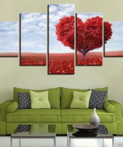 Red Heart Tree Landscape Framed. 5 Piece Canvas. Five Panel. Canvas Art. Wall Art. Home Decor. For Her. For Him. Gift.