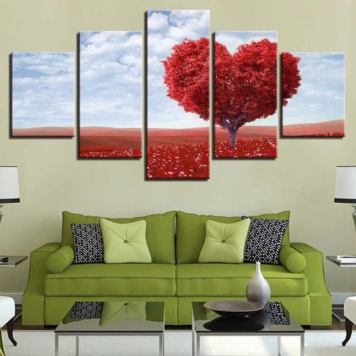 Red Heart Tree Landscape Framed. 5 Piece Canvas. Five Panel. Canvas Art. Wall Art. Home Decor. For Her. For Him. Gift.