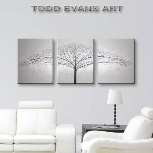 3 Piece Wall Art ORIGINAL PAINTING Three Piece Canvas Art 3 piece Wall Decor Tree Paintings Gray Home Decor Grey Wall Art 48x20