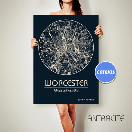 WORCESTER Massachusetts CANVAS Map Worcester Massachusetts Poster City Map Worcester Massachusetts Art Print Worcester Massachusetts