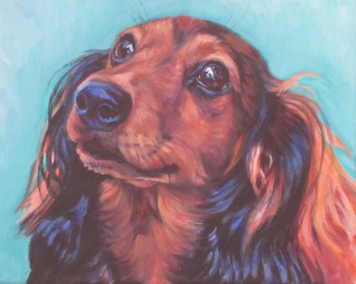 red long haired Dachshund dog art portrait CANVAS print of LA Shepard dog painting 8x10