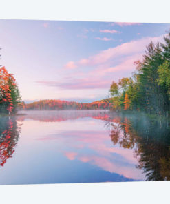 Autumn Colors And Mist On Council Lake At Sunrise, Hiawatha National Forest, Michigan.
