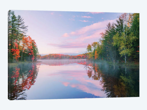 Autumn Colors And Mist On Council Lake At Sunrise, Hiawatha National Forest, Michigan.
