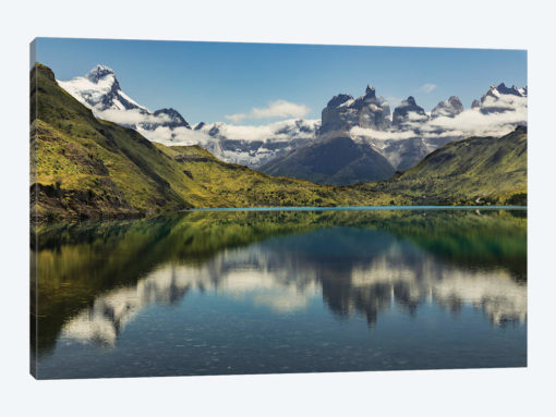 Cuernos del Paine reflecting on lake, Torres del Paine National Park, Chile, Patagonia