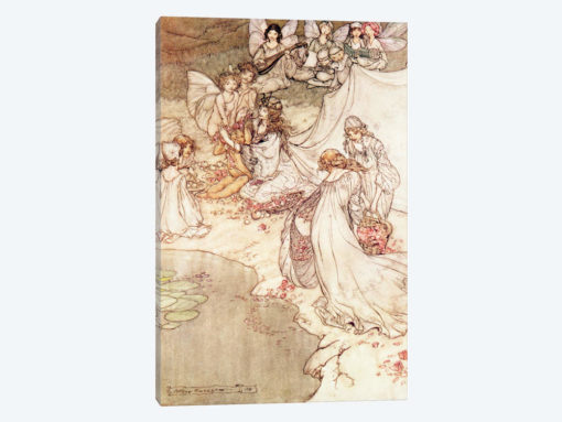 Illustration for a Fairy Tale, Fairy Queen Covering a Child with Blossom