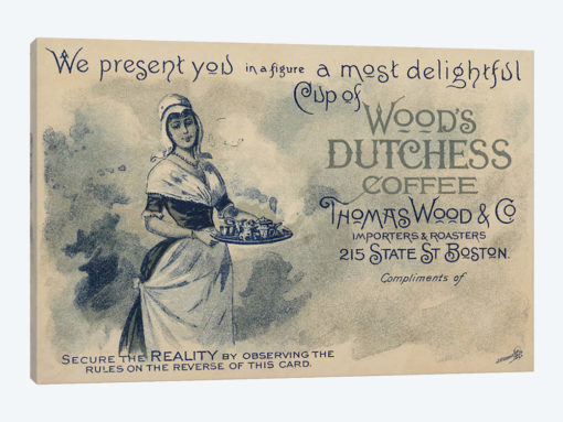 Maid serving coffee, advertisment for Wood's Duchess Coffee, Boston