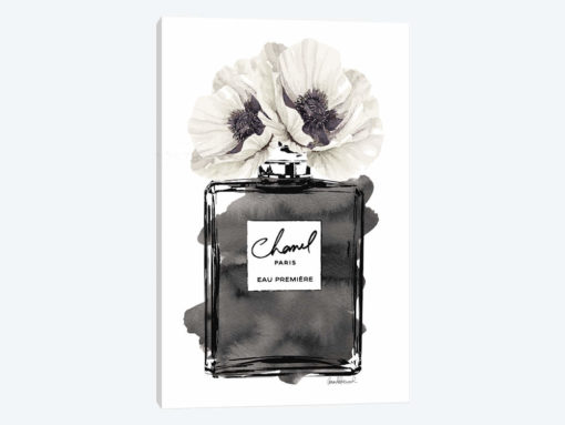 Perfume Bottle, Black With Grey & White Poppy