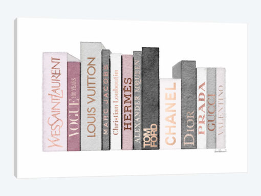 Book Shelf Full Of Rose Gold, Grey, And Pink Fashion Books