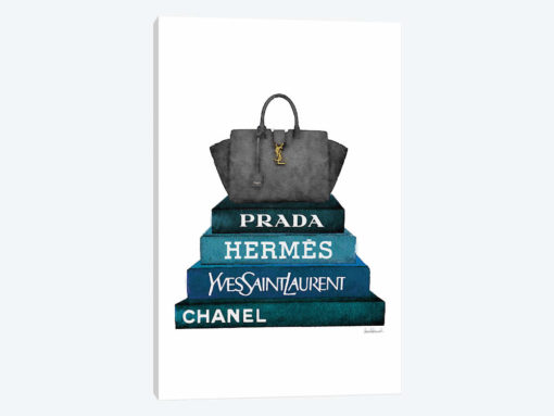 Stack Of Dark Teal And Black Fashion Books With A Yves St. Lauren Bag