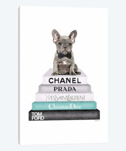 Stack Of Grey And Teal Fashion Books, And A Grey Frenchie