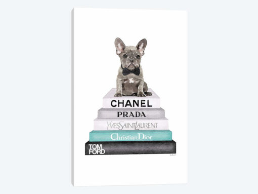 Stack Of Grey And Teal Fashion Books, And A Grey Frenchie