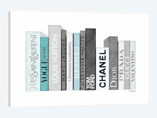 Book Shelf Full Of Grey And Teal Fashion Books