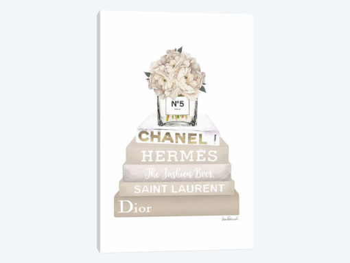 Cream, Champagne, And Gold Bookstack Topped By Vase With White Peony