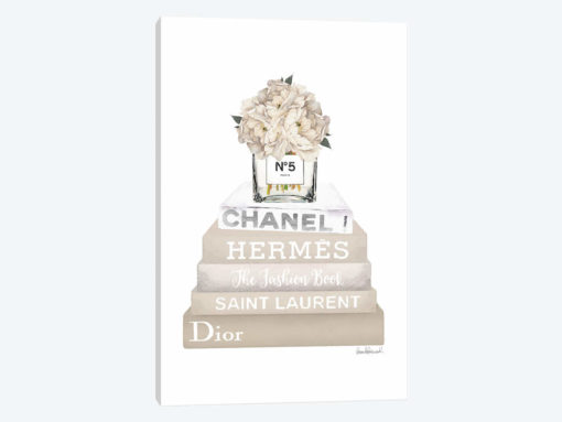 Cream, Champagne, And Silver Bookstack Topped By Vase With White Peony