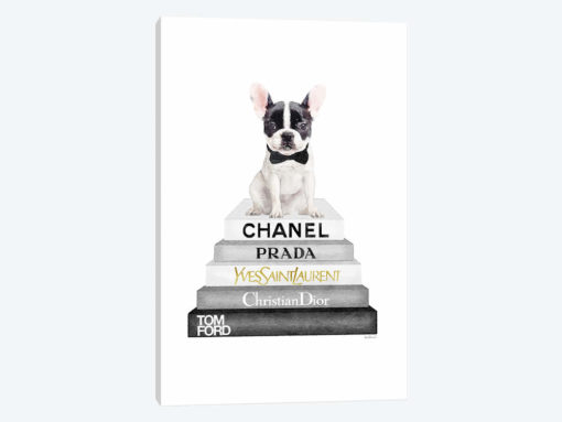Grey And Black Bookstack Topped With White Frenchie