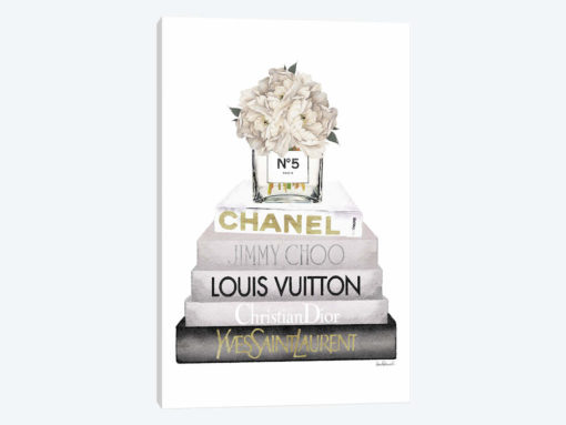 Grey Book Stack With Hydrangeas In Cream Vase
