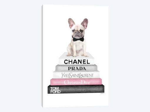 Grey Books With Soft Pink, White French Bulldog, Bowtie
