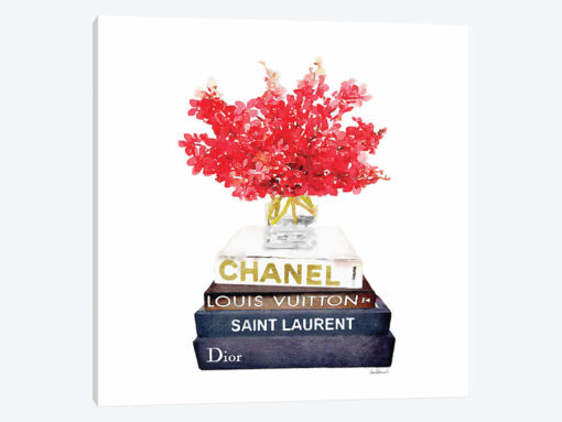 Stack Of Fashion Books With Red Flowers