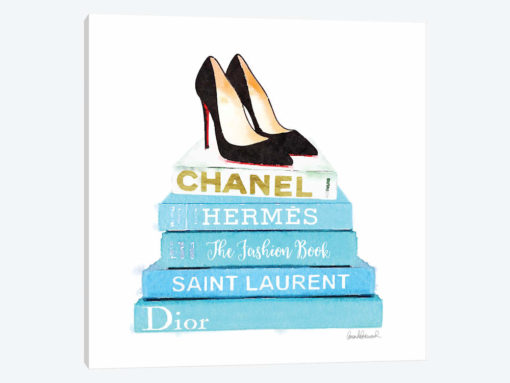 Stack Of Teal Fashion Books With Shoes