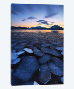 Ice Flakes Drifting Towards The Mountains On Tjeldoya Island, Norway