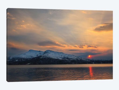 Midnight Sun Over Tjeldsundet Strait In Troms County, Norway
