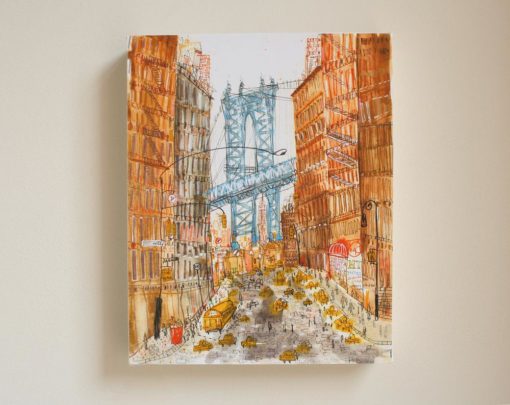 DUMBO Art Print, New York Bridge, New York City, NYC Canvas Art Print, Manhattan Bridge Painting, New York Taxi, Skyscrapers NYC Sketch