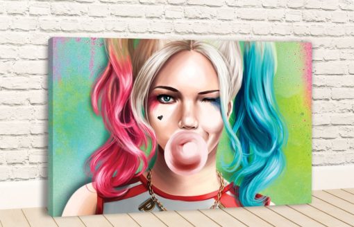 Harley Quinn Blowing Bubble Gum Cartoon Artwork Canvas Wall Art